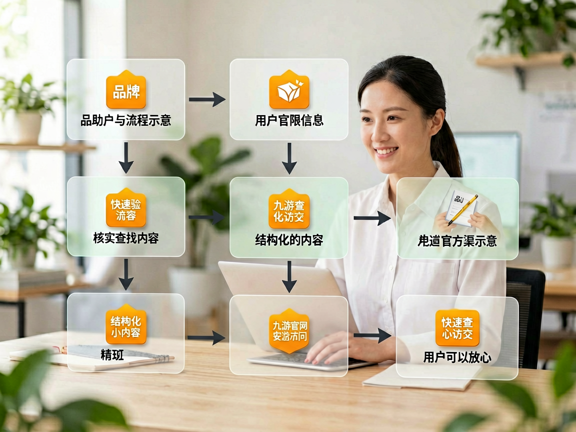 品牌核验流程示意，帮助用户确认九游官网主体身份
